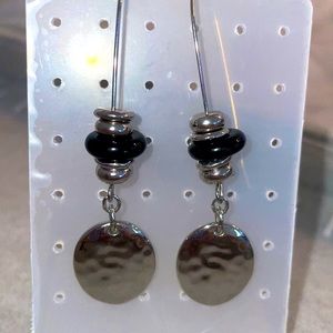 Classy Black and Silver dangle earrings with beads and hammered silver coins